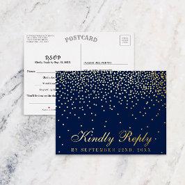 Navy Blue & Glam Confetti Wedding RSVP Real Folie Einladungspostkarte