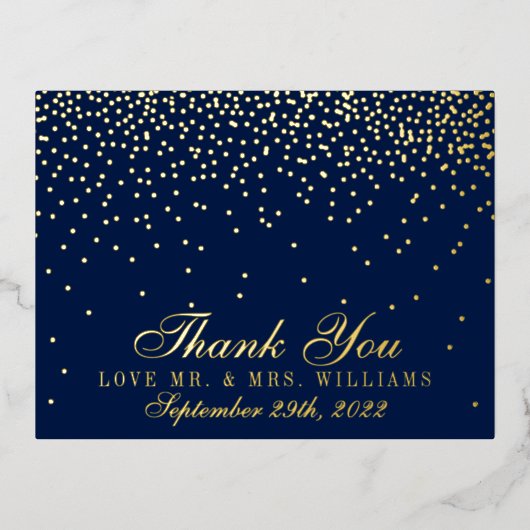 Navy Blue & Glam Confetti Wedding Vielen Dank Folie Einladungspostkarte (Vorderseite)