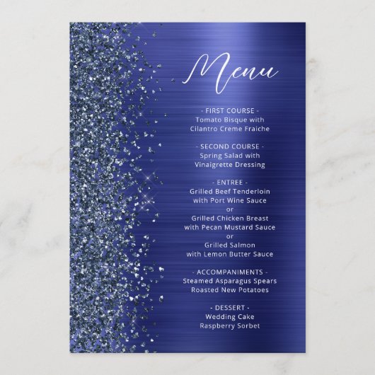 Navy Blue Glam Glitter Script Wedding Menükarte (Vorderseite)