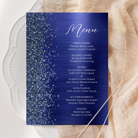 Navy Blue Glam Glitter Script Wedding Menükarte
