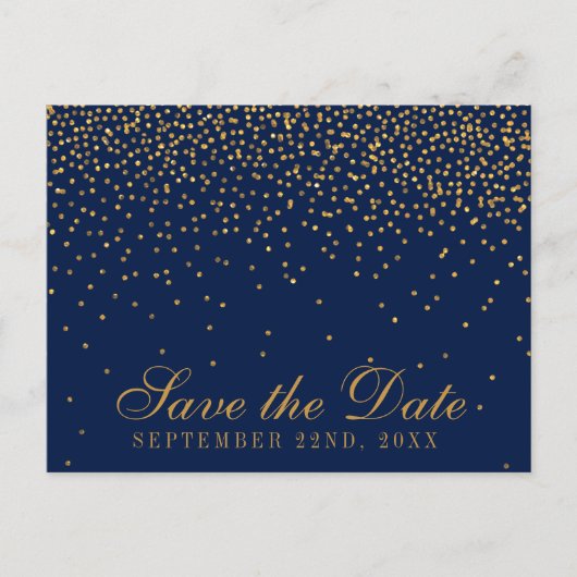 Navy Blue & Glam Gold Confetti Save the Date Ankündigungspostkarte (Vorderseite)