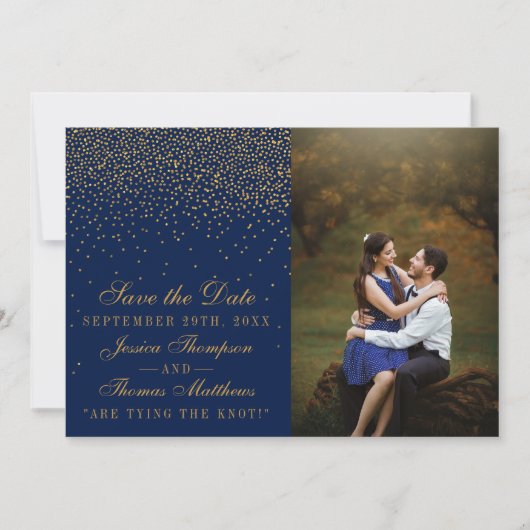 Navy Blue & Glam Gold Confetti Wedding Foto Save The Date (Vorderseite)