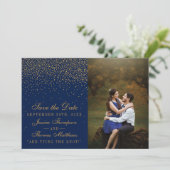 Navy Blue & Glam Gold Confetti Wedding Foto Save The Date (Stehend Vorderseite)