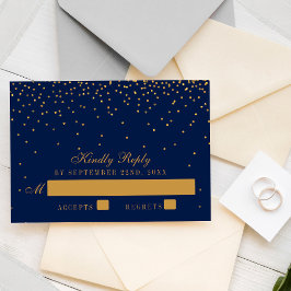 Navy Blue & Glam Gold Confetti Wedding RSVP Karte