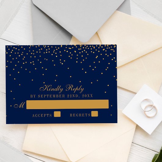 Navy Blue & Glam Gold Confetti Wedding RSVP Karte