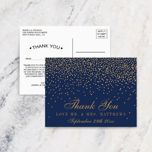 Navy Blue & Glam Gold Confetti Wedding Vielen Dank Postkarte