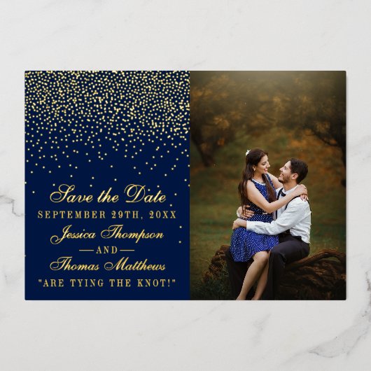 Navy Blue & Glam Gold Wedding retten das wirkliche Folieneinladung (Vorderseite)