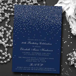 Navy Blue & Glam Silver Confetti Geburtstag Einladung
