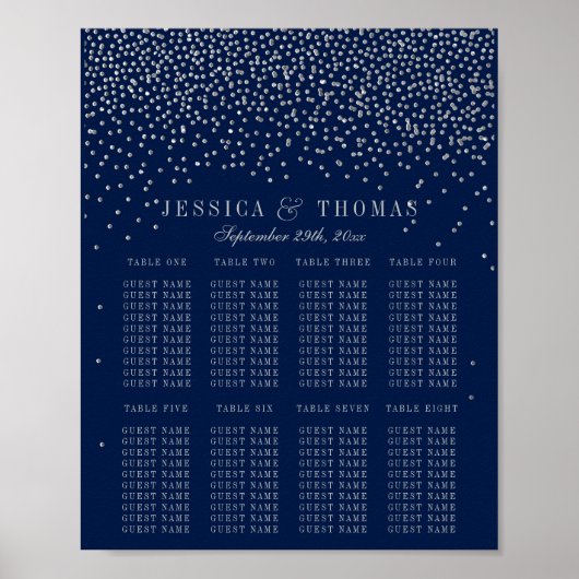 Navy Blue & Glam Silver Confetti Hochzeitssitze Poster (Vorne)