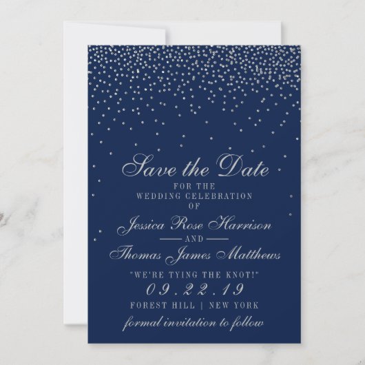 Navy Blue & Glam Silver Confetti Save the Date (Vorderseite)