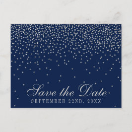 Navy Blue & Glam Silver Confetti Save the Date Ankündigungspostkarte