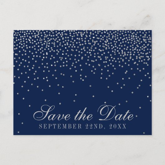 Navy Blue & Glam Silver Confetti Save the Date Ankündigungspostkarte (Vorderseite)