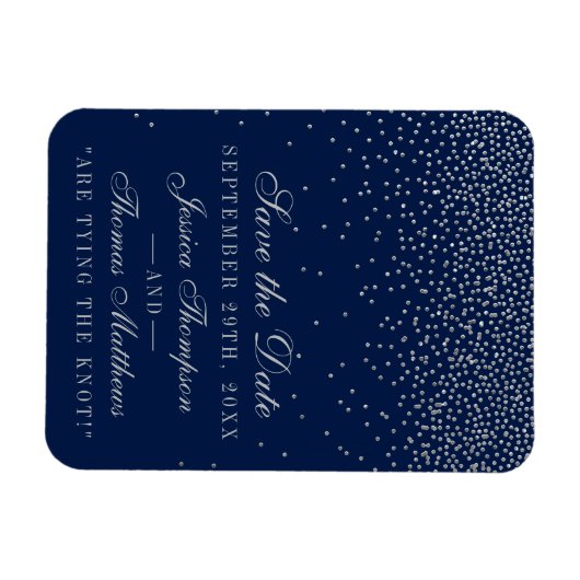 Navy Blue & Glam Silver Confetti Save the Date Magnet (Horizontal)