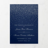 Navy Blue & Glam Silver Confetti Wedding Dreifach-gefaltete Programmkarte (Cover)