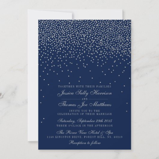 Navy Blue & Glam Silver Confetti Wedding Einladung (Vorderseite)