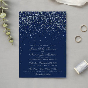 Navy Blue & Glam Silver Confetti Wedding Einladung