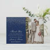 Navy Blue & Glam Silver Confetti Wedding Foto Dankeskarte (Stehend Vorderseite)