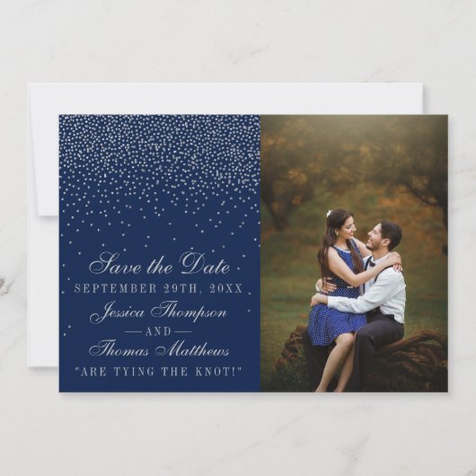 Navy Blue & Glam Silver Confetti Wedding Foto Save The Date (Vorderseite)