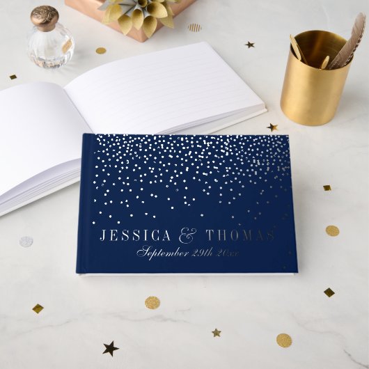 Navy Blue & Glam Silver Confetti Wedding Gästebuch (Vorderseite Offen)