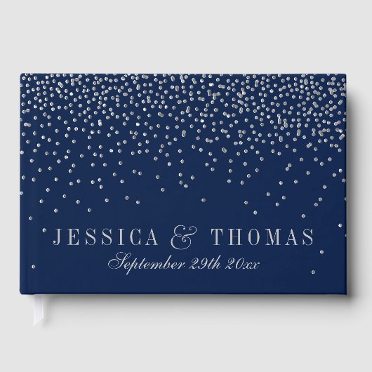 Navy Blue & Glam Silver Confetti Wedding Gästebuch (Vorderseite)
