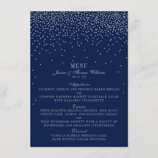 Navy Blue & Glam Silver Confetti Wedding Menu Menükarte (Vorderseite)