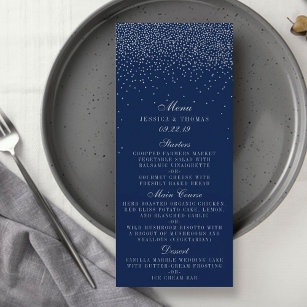 Navy Blue & Glam Silver Confetti Wedding Menu Menükarte