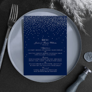 Navy Blue & Glam Silver Confetti Wedding Menu Menükarte