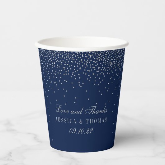 Navy Blue & Glam Silver Confetti Wedding Pappbecher (Vorderseite)