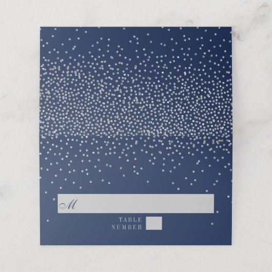 Navy Blue & Glam Silver Confetti Wedding Platzkarte (Außenseite Aufgefaltet)