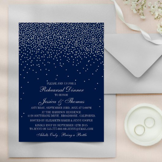 Navy Blue & Glam Silver Confetti Wedding Probe Einladung