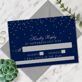 Navy Blue & Glam Silver Confetti Wedding RSVP