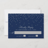Navy Blue & Glam Silver Confetti Wedding RSVP Karte (Vorderseite)