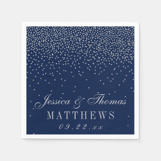 Navy Blue & Glam Silver Confetti Wedding Serviette (Vorderseite)