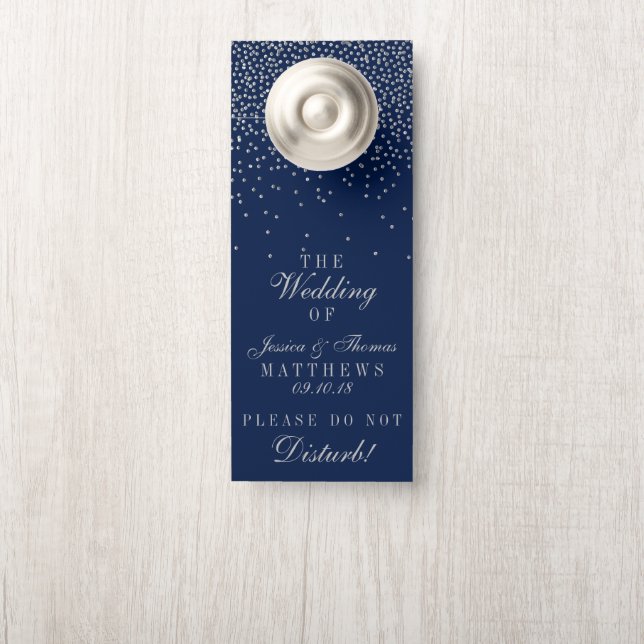 Navy Blue & Glam Silver Confetti Wedding Türanhänger (Auf Knauf)