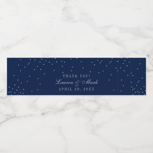 Navy Blue & Glam Silver Confetti Wedding Wasserflaschenetikett (Einzelnes Label)