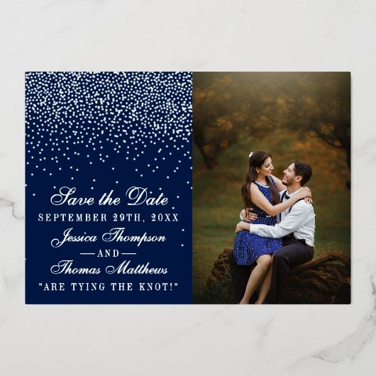 Navy Blue & Glam Silver Wedding speichern Sie das Folieneinladung (Vorderseite)