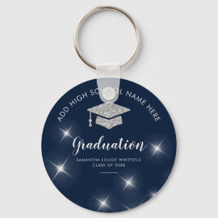 Navy Blue Glitter Silver Graduation School Grad 22 Schlüsselanhänger