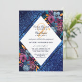 Navy Blue Glitzer Floral Watercolor Verlobung Einladung (Stehend Vorderseite)