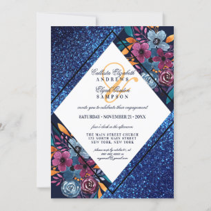 Navy Blue Glitzer Floral Watercolor Verlobung Einladung