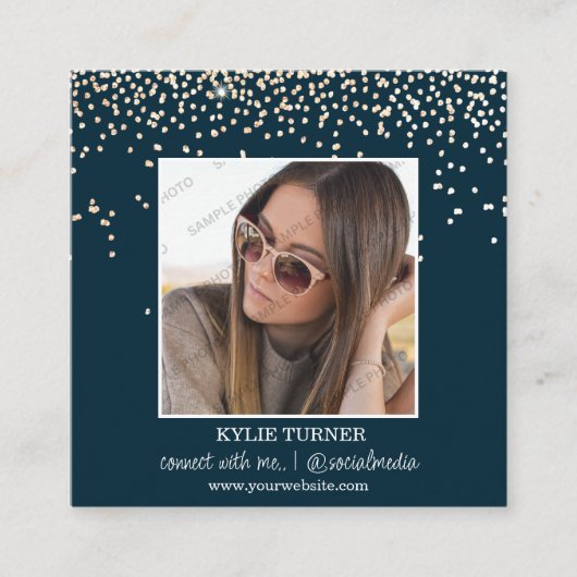 Navy Blue Glitzer Foto | Soziale Medien | QR-Code Quadratische Visitenkarte (Vorderseite)
