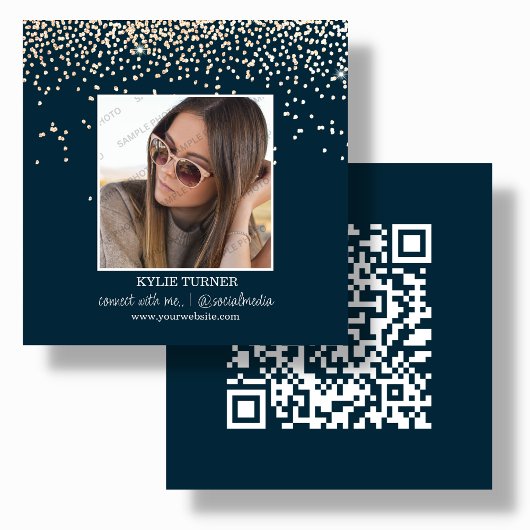 Navy Blue Glitzer Foto | Soziale Medien | QR-Code Quadratische Visitenkarte