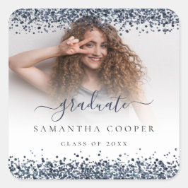 Navy Blue Glitzer Grad Foto Name Class of Year Quadratischer Aufkleber