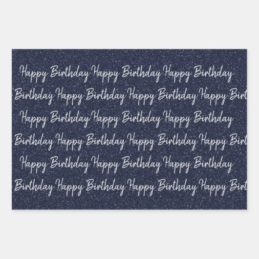 Navy Blue Glitzer Happy Birthday Geschenkpapier Set (Vorderseite)