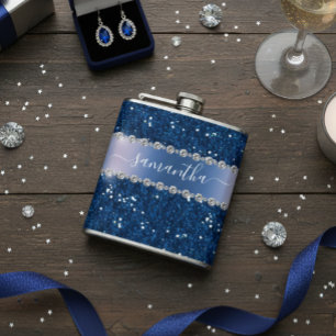Navy Blue Glitzer Look Bling Personalisiert Metal Flachmann