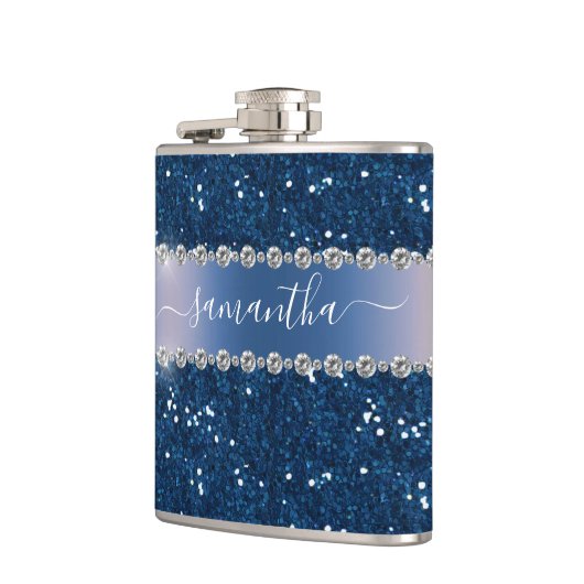Navy Blue Glitzer Look Bling Personalisiert Metal Flachmann (Links)