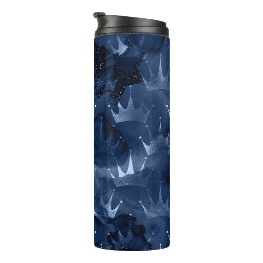 Navy Blue Glitzer Mermaid Crown Pattern Thermosbecher (Nach rechts gedreht)