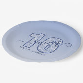 Navy Blue Glitzer Script Sweet 16 Pappteller (Schrägansicht)