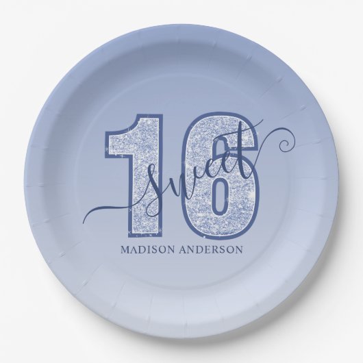 Navy Blue Glitzer Script Sweet 16 Pappteller (Vorderseite)