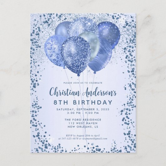 Navy Blue Glitzer Sparkle Balloon Kindergeburtstag Postkarte (Vorderseite)