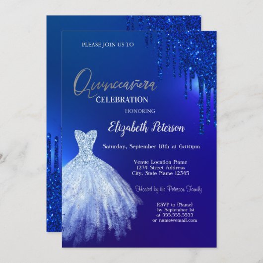 Navy Blue Glitzer Tropfen, Dress Blue Quinceañera Einladung (Vorne/Hinten)